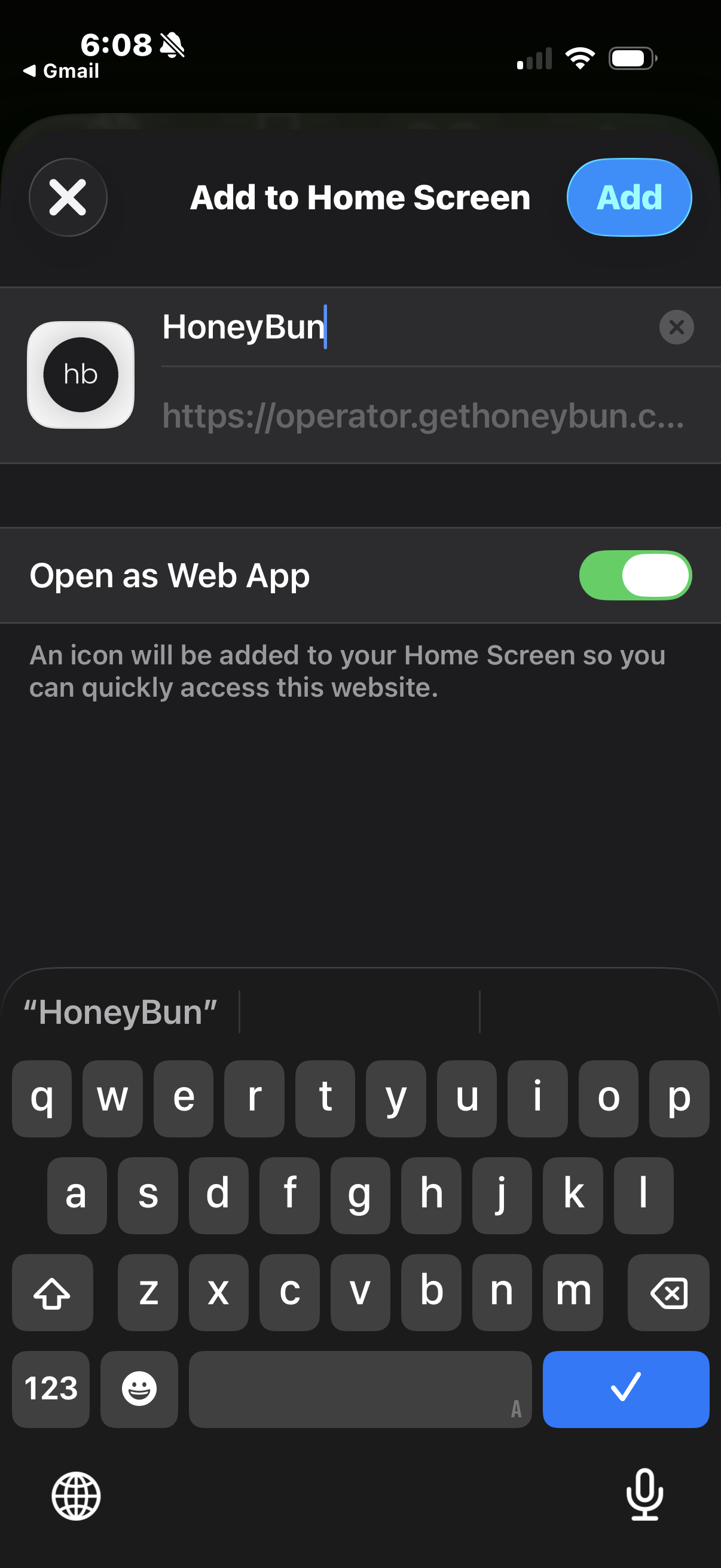 HoneyBun app installing to iPhone home screen