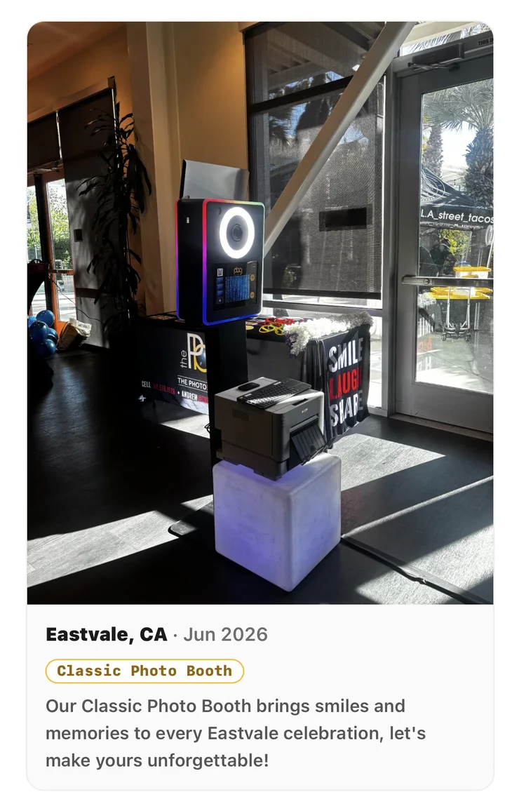 A card on The Photo Booth Guy's check-in page: the Eastvale setup photo, Eastvale CA, Jun 2026, a Classic Photo Booth tag and a short write-up