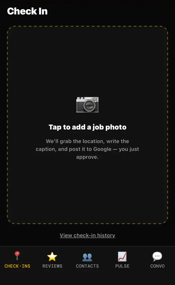 The HoneyBun app Check In screen with a dashed box reading tap to add a job photo
