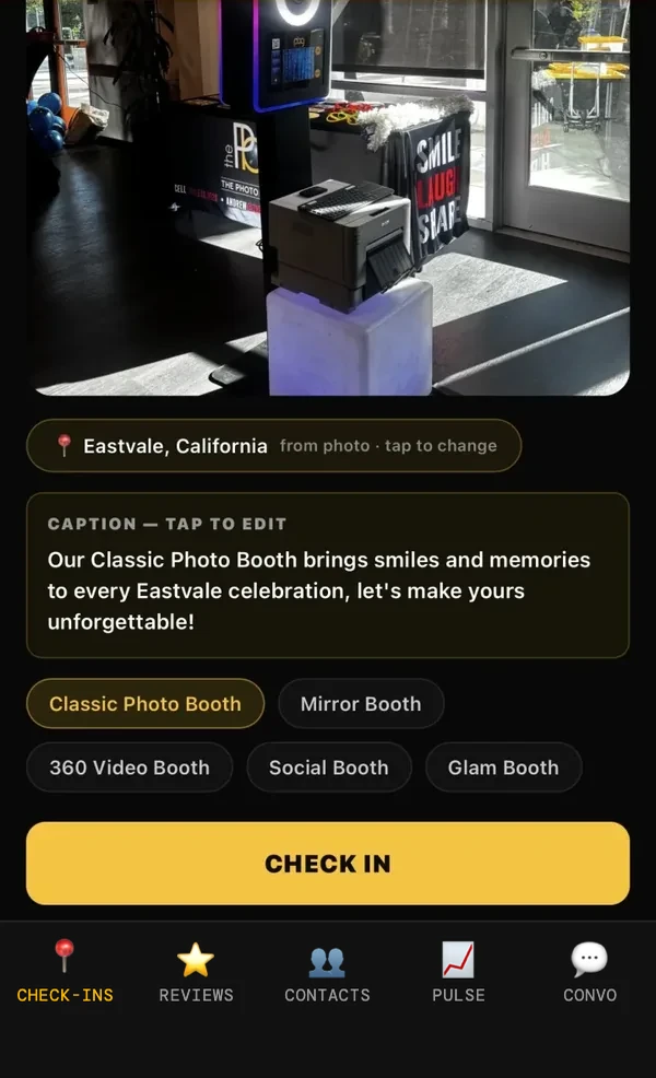 The app showing the setup photo with the city read from the photo, a written caption, and a booth selected