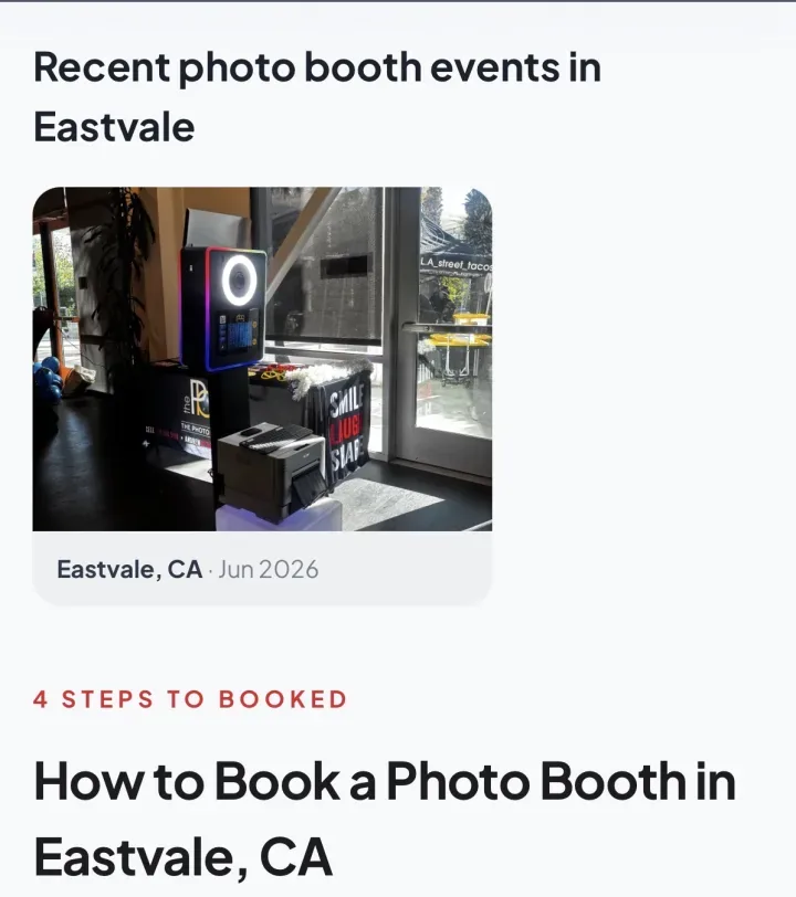 A city page on thepbguy.com headed recent photo booth events in Eastvale, showing the same setup photo dated Jun 2026