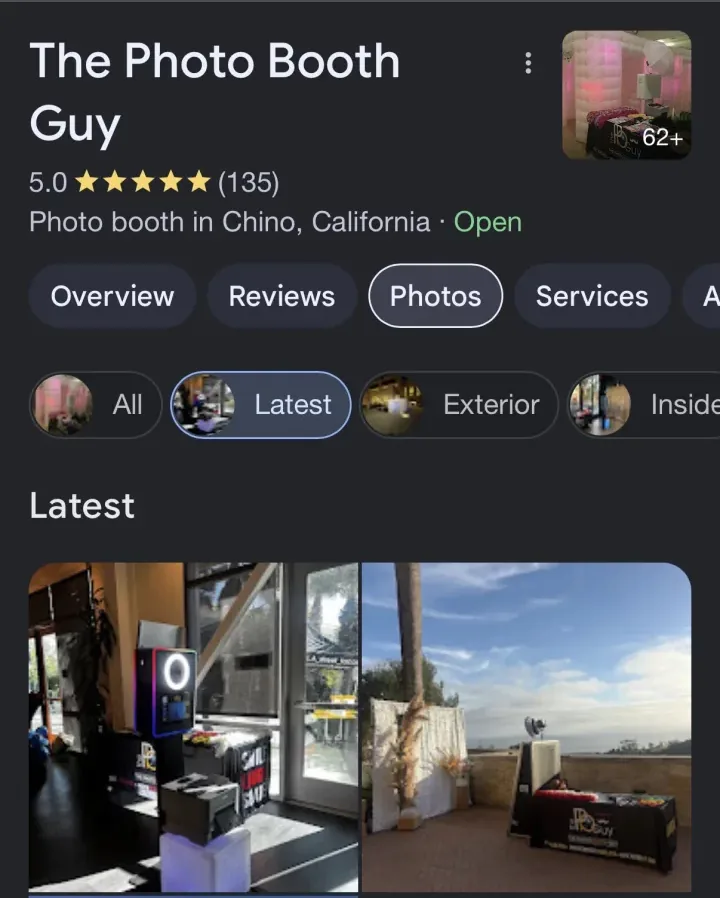 The Photo Booth Guy Google Business Profile, 5.0 stars and 135 reviews, with the Eastvale setup photo first under Latest