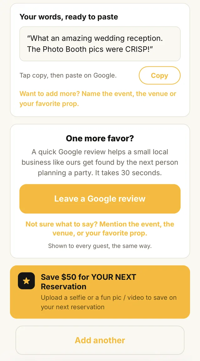 Guest view: a Google review ask with a Leave a Google review button, then the owner's offer for the guest's next reservation