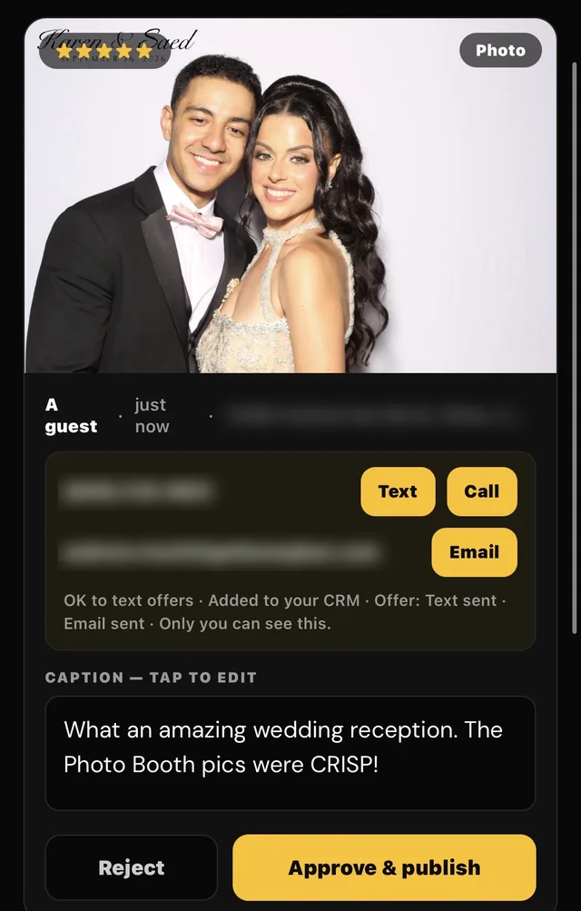 The owner's check-in review screen: the guest photo with a star rating, the guest's contact details, an editable caption, and Reject and Approve and publish buttons