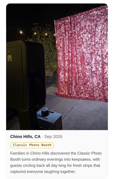One event card: Classic Photo Booth in Chino Hills, with the setup photo and write-up