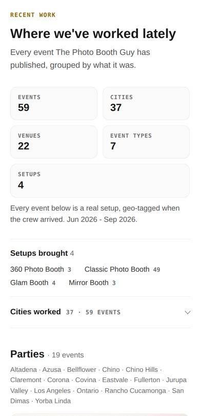 Top of the live check-in page: 59 events, 37 cities, 22 venues, 7 event types, 4 setups