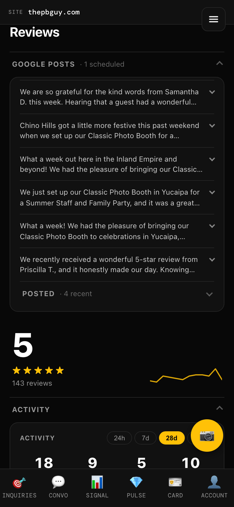 Reviews screen showing your star rating, Google posts, and activity