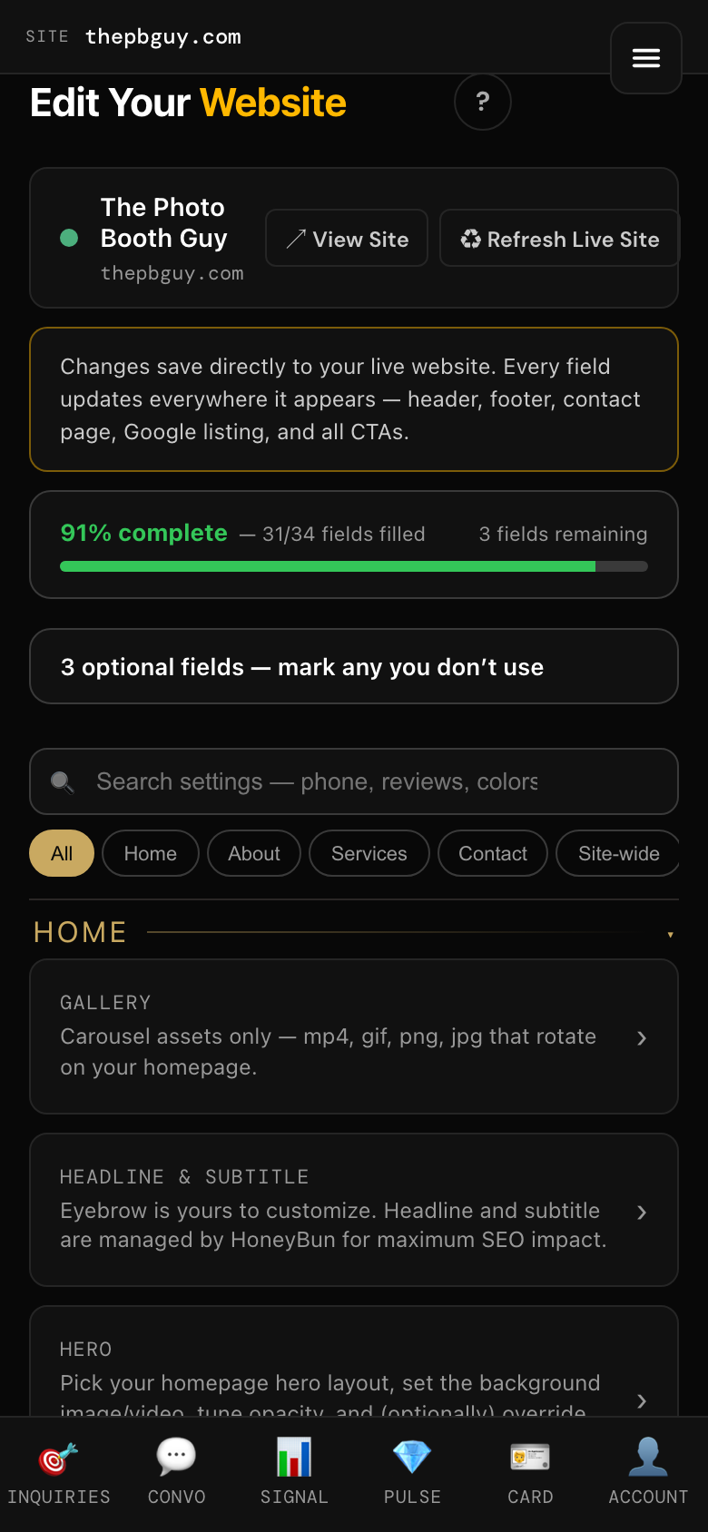 Edit Your Website screen in the HoneyBun app — completion meter, search, and section tabs