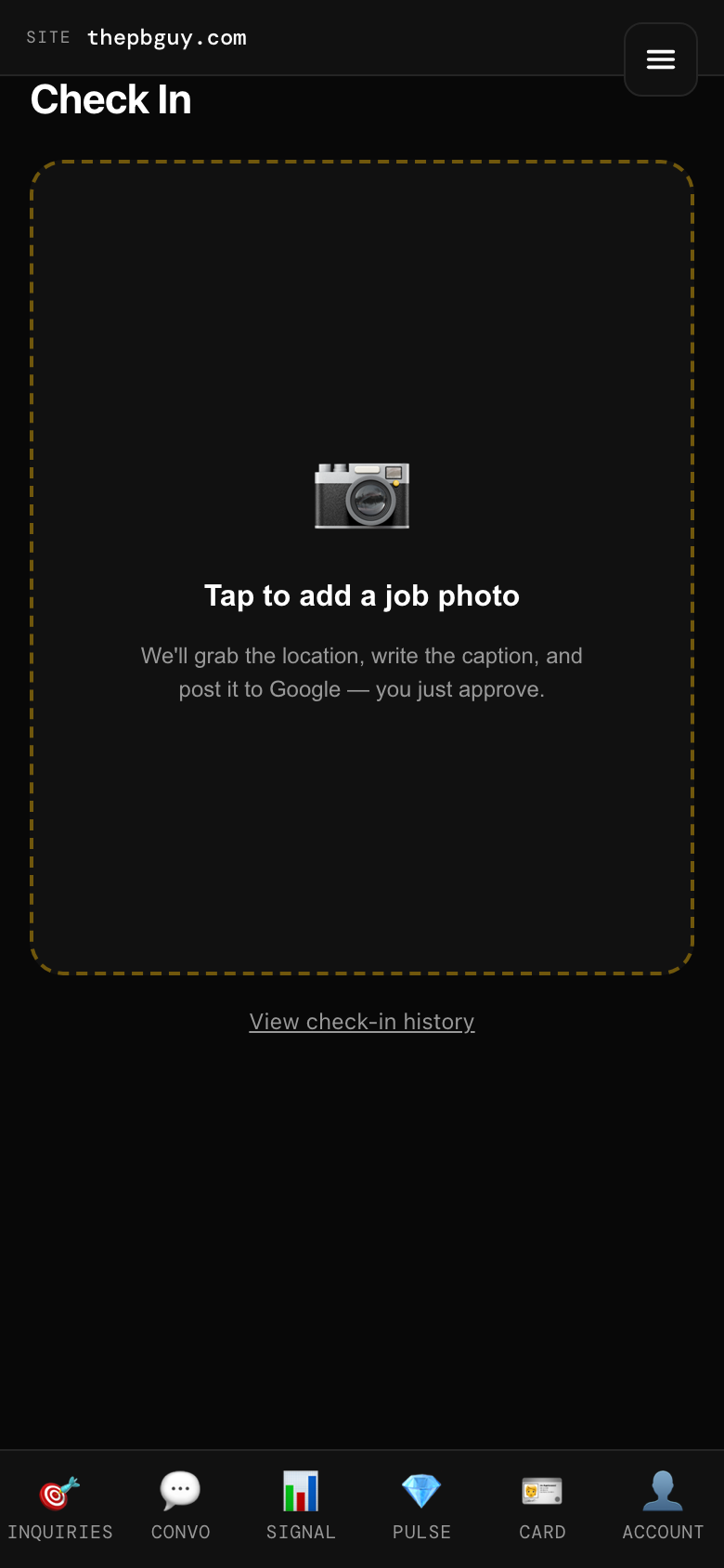 Check In screen — tap to add a job photo