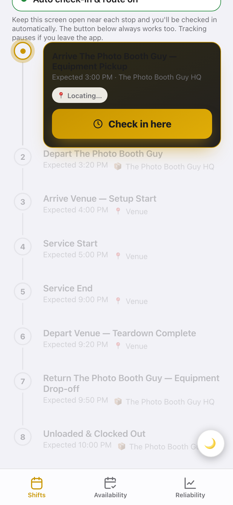 Shift detail — the 8-stop check-in timeline from equipment pickup to clock out