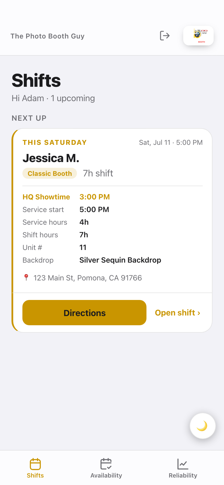 Shifts screen showing your next event — time, booth, unit number, and venue with a Directions button