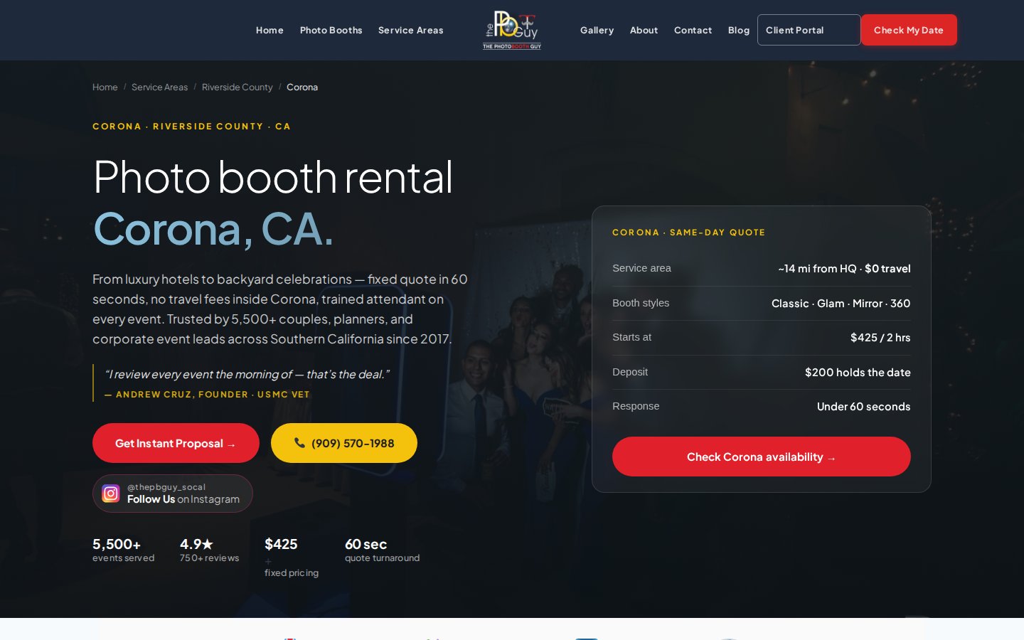 Real city page: photo booth rental in Corona, CA, on thepbguy.com