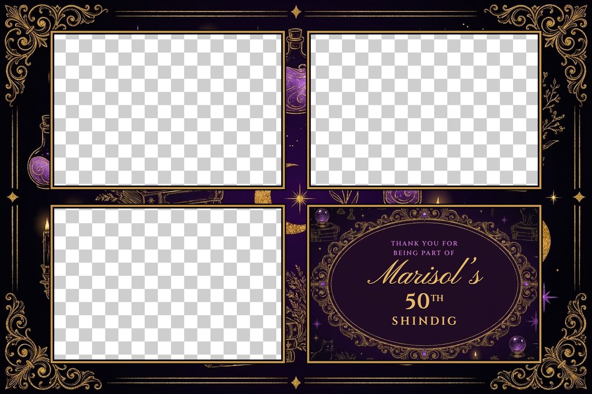 A 4x6 photo booth print file for a witchy 50th birthday: three photo windows shown as a gray checkerboard on a black and purple ground with gold filigree corners, potions and candles, and a gold-framed thank-you oval in the fourth spot