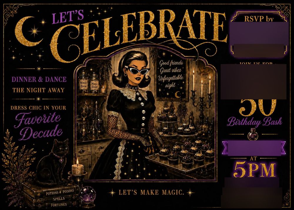 A 50th birthday party invitation in black, gold and purple with a witchy kitchen illustration; personal details blurred