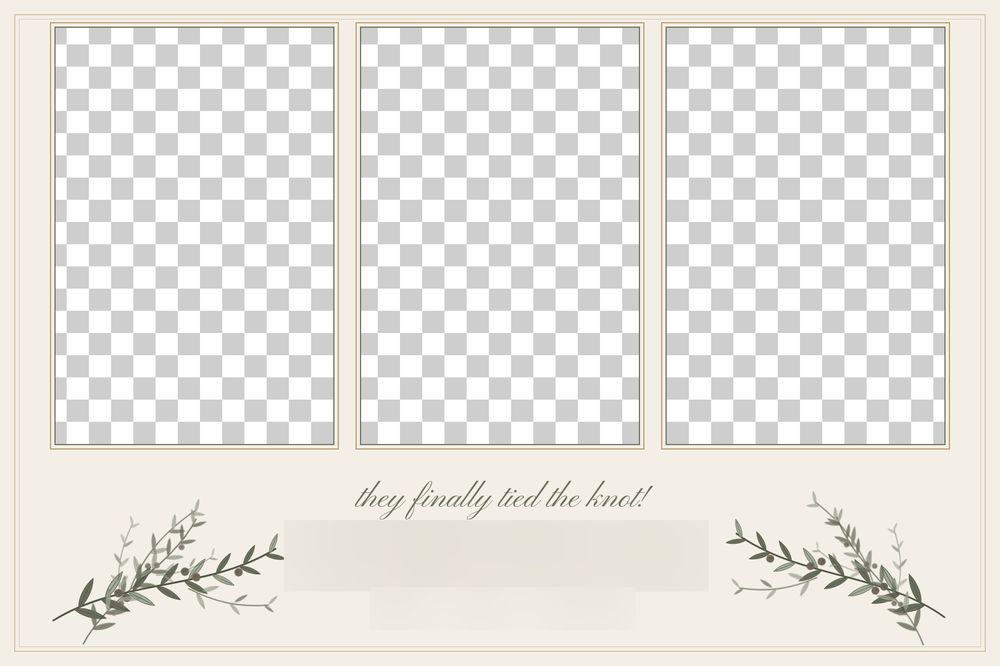 The finished 4x6 wedding overlay in sage and sand with three tall photo windows and olive branches; names and date blurred