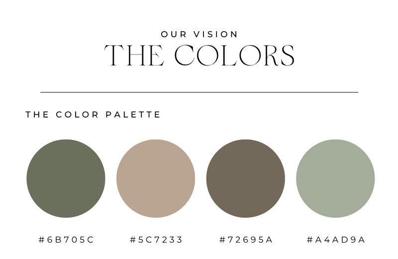A wedding color board with four swatches: two sage greens, a sand and a taupe