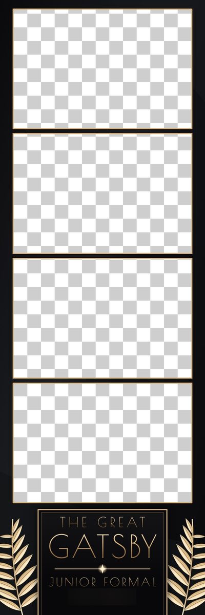 A 2x6 Great Gatsby junior formal strip: four photo windows on black with thin gold frames, and an art deco title panel flanked by gold palm leaves; date blurred