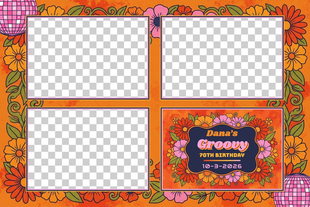 The finished groovy 70th birthday overlay as a print file, with see-through photo windows shown as a checkerboard