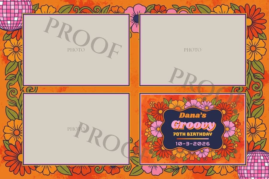 A watermarked proof of the groovy 70th birthday overlay with the photo windows filled gray and labeled PHOTO, and the word PROOF across it