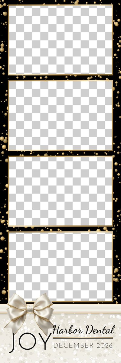 A black and gold holiday party strip with four gold-framed photo windows, gold confetti, and an ivory glitter footer with a satin bow and the word JOY
