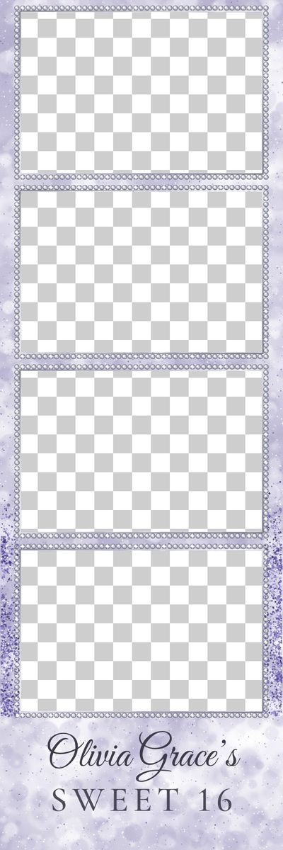 A Sweet 16 strip in lavender with sparkle-edged photo frames and a script name