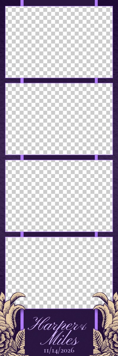 A plum wedding strip with four photo windows edged in violet, cream engraved roses in the bottom corners and the couple's names in script